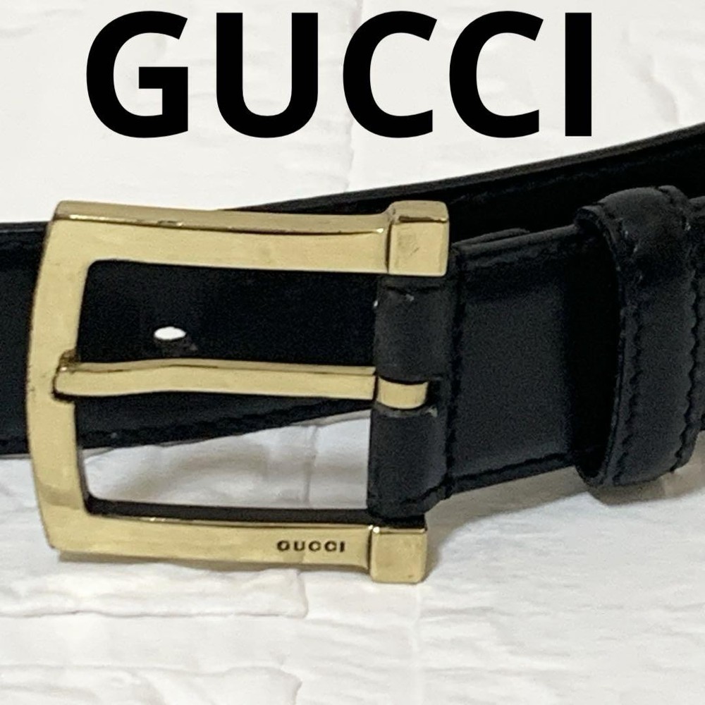 Gucci Mens Black Leather Belt with Gold Logo Buckle 87-92cm