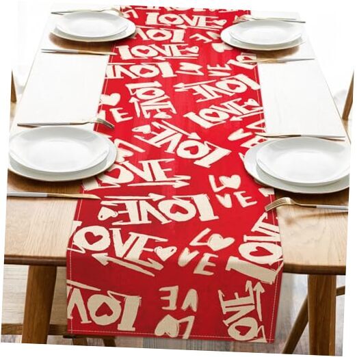 Valentine's Day White Table Runner, Red Hearts Arrows Scarf Kitchen Love