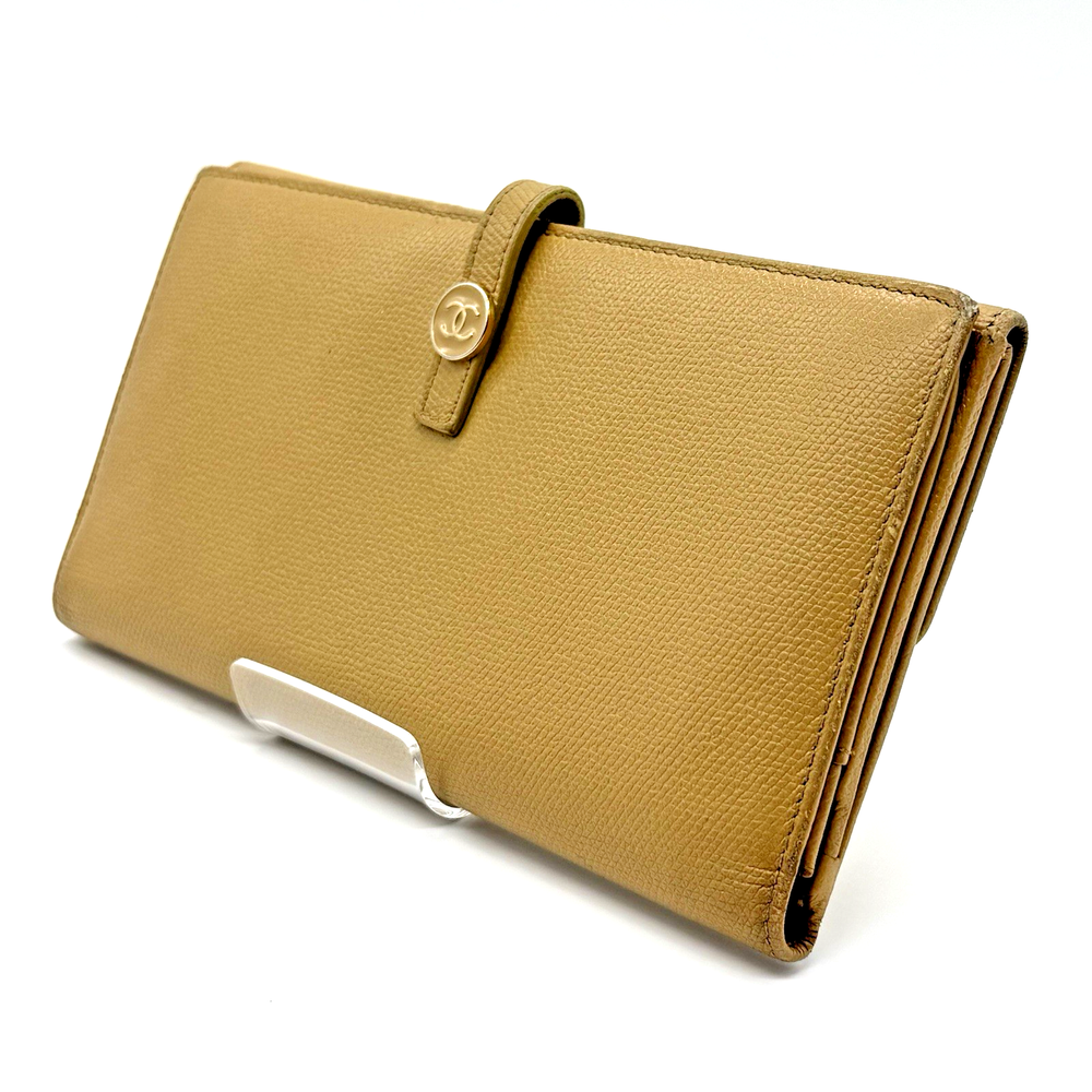 CHANEL Authentic Beige Leather Long Wallet with CC Button and Coco Mark