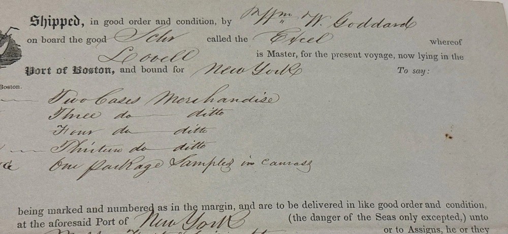 1844 Boston Bill of Lading Ship Excel New York Maritime Document