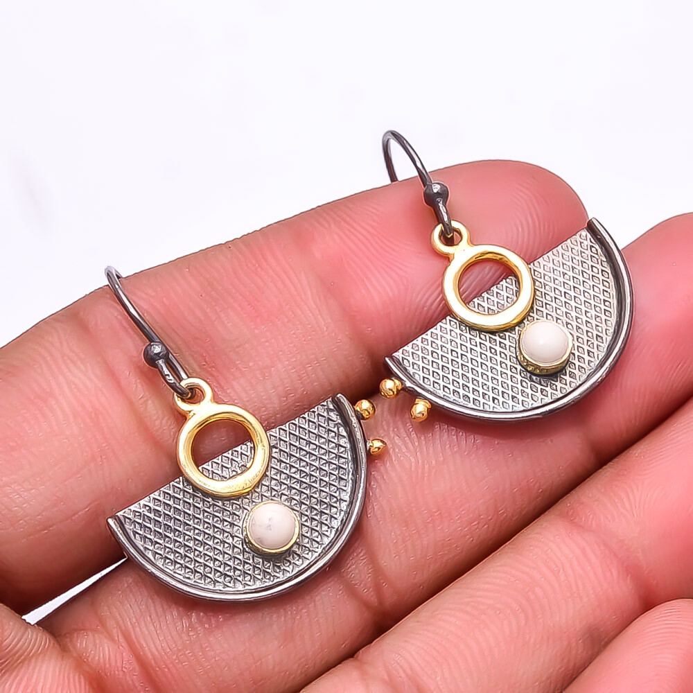 White Coral Gemstone 925 Silver Black & Gold Rhodium Plated Earring 1.37