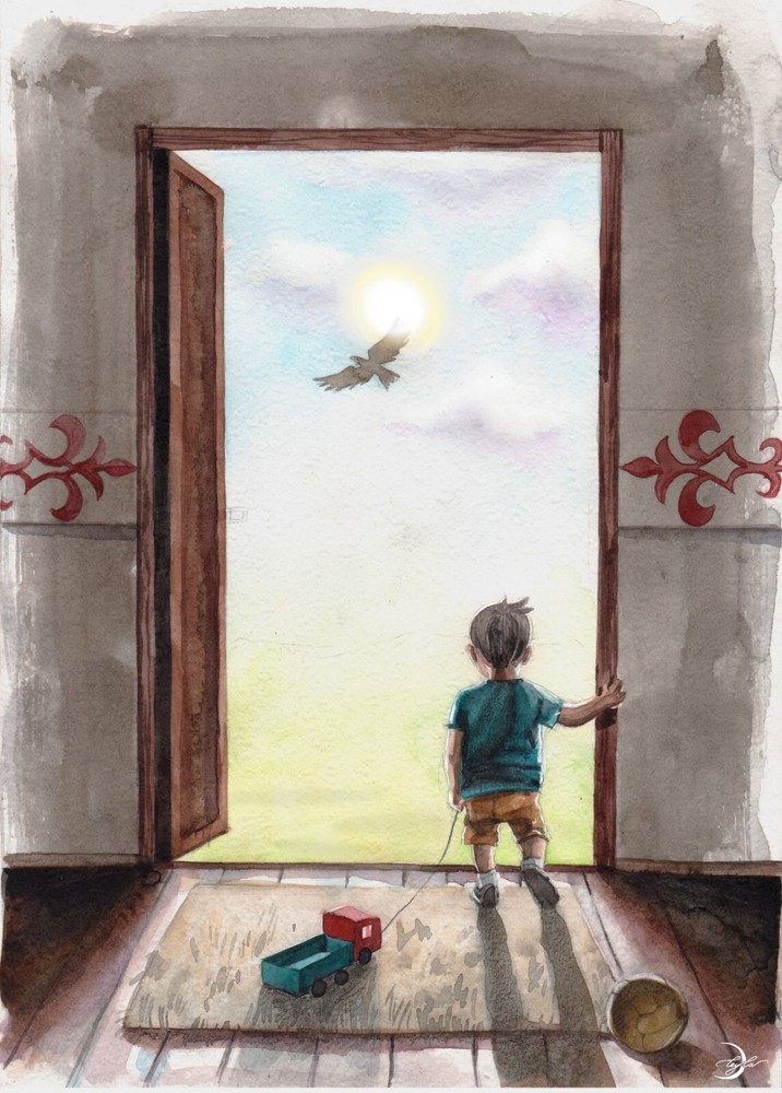Original Watercolor Painting Little Boy Painting Cozy Children Wall Art