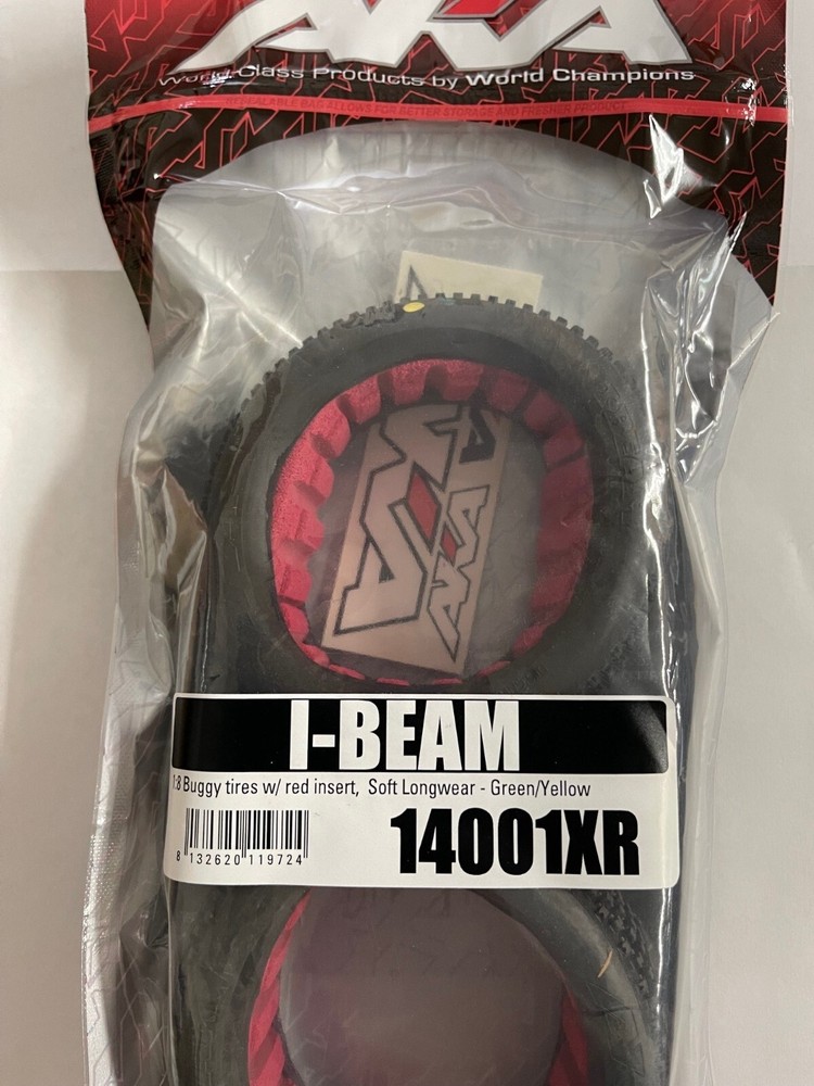 AKA 1:8 I-BEAM Buggy Tires w/Red Insert, Soft Longwear - Green/Yellow