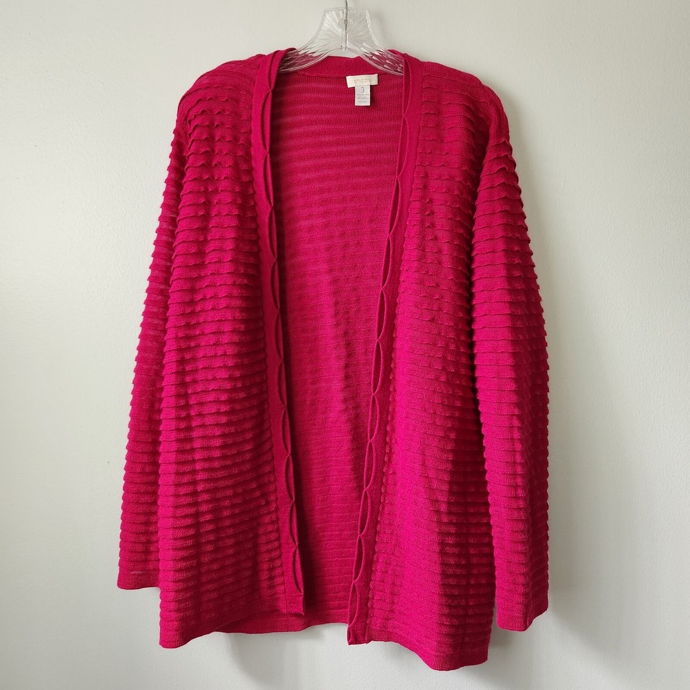 Chico's Cardigan Women's 3 Deep Plum Wool Blend Ribbed Knit Open Front Sweater