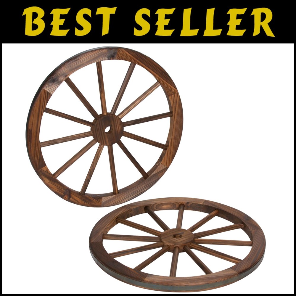 24-Inch Wooden Wagon Wheels with Steel Rim - 2-Piece Indoor Outdoor Decor Set