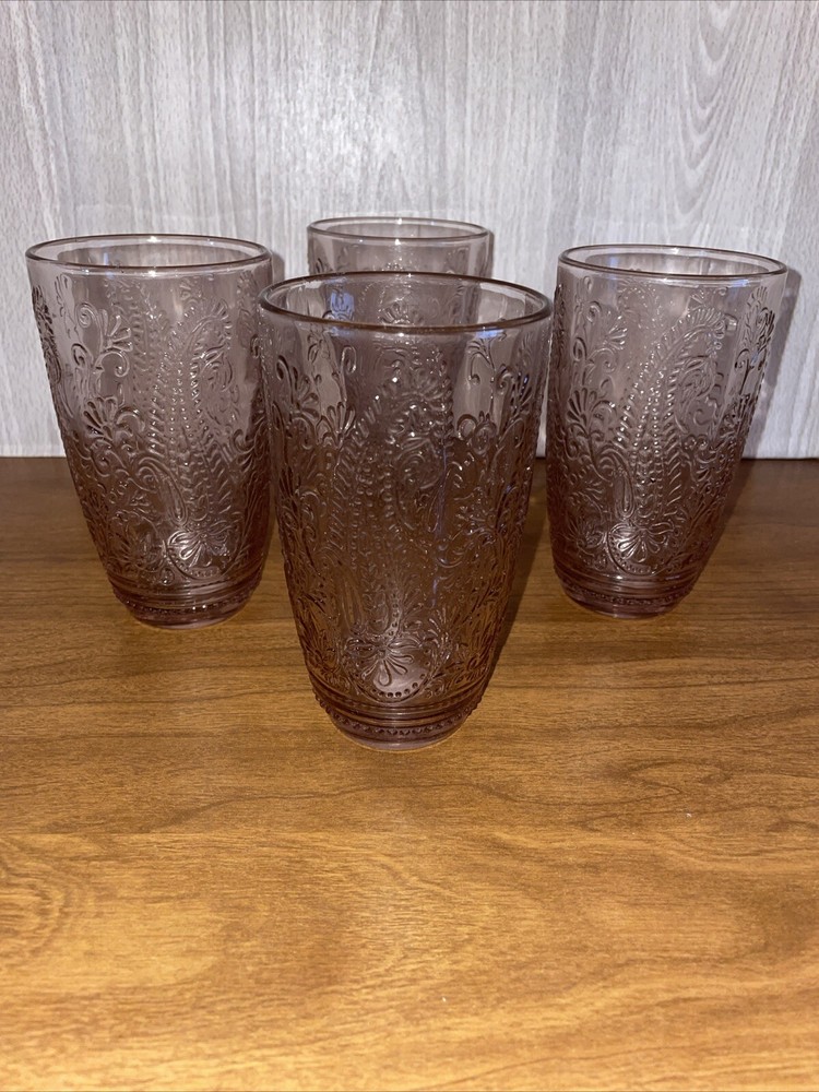 Fitz and Floyd Maddi 15oz Paisley Blush Highball Glass Set of 4 New