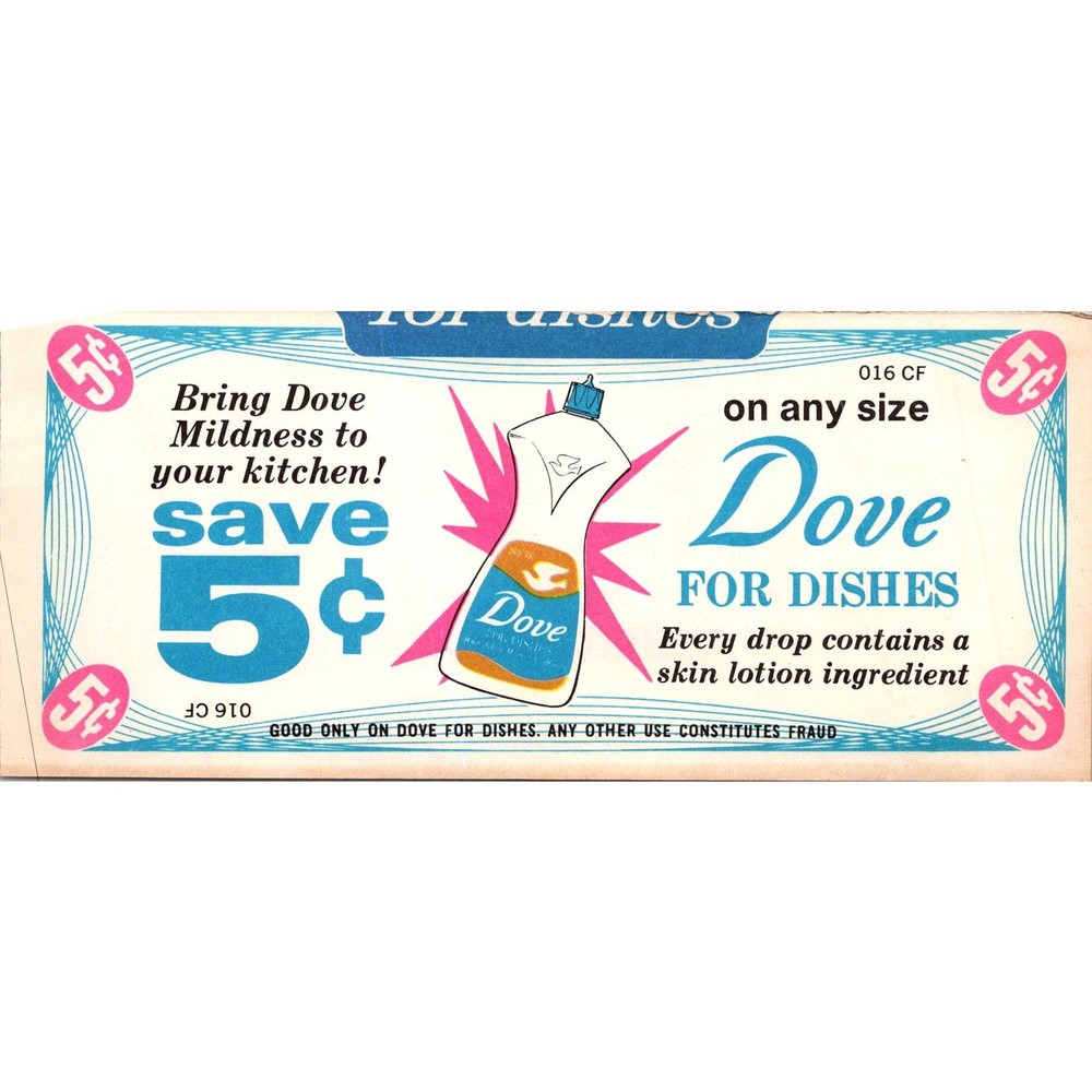 Dove for Dishes White Lotion Mildness 1960s Original Retro Coupon STK3-ZC1