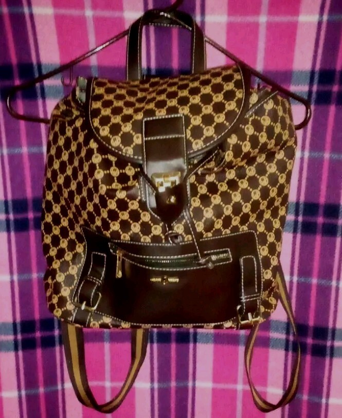 Wendy Keen Bucket Backpack Brown/Carmel Leather Signature Monogram- NWT