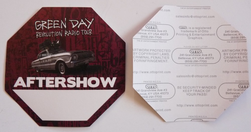 Green Day Revolution Radio Tour Concert Maroon After Show Backstage Pass D6