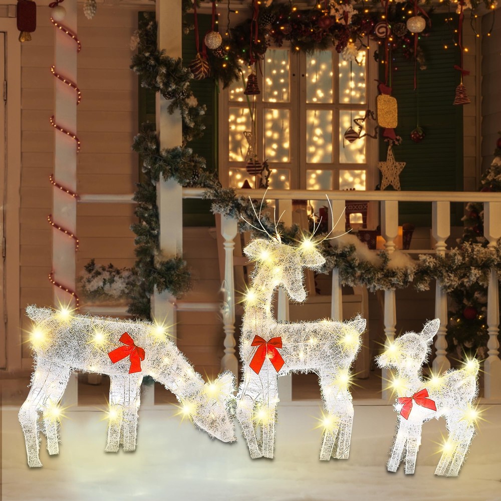2D Christmas Yard Decorations, 3 Packs Pre-lit Reindeer Family with 60 Warm W...