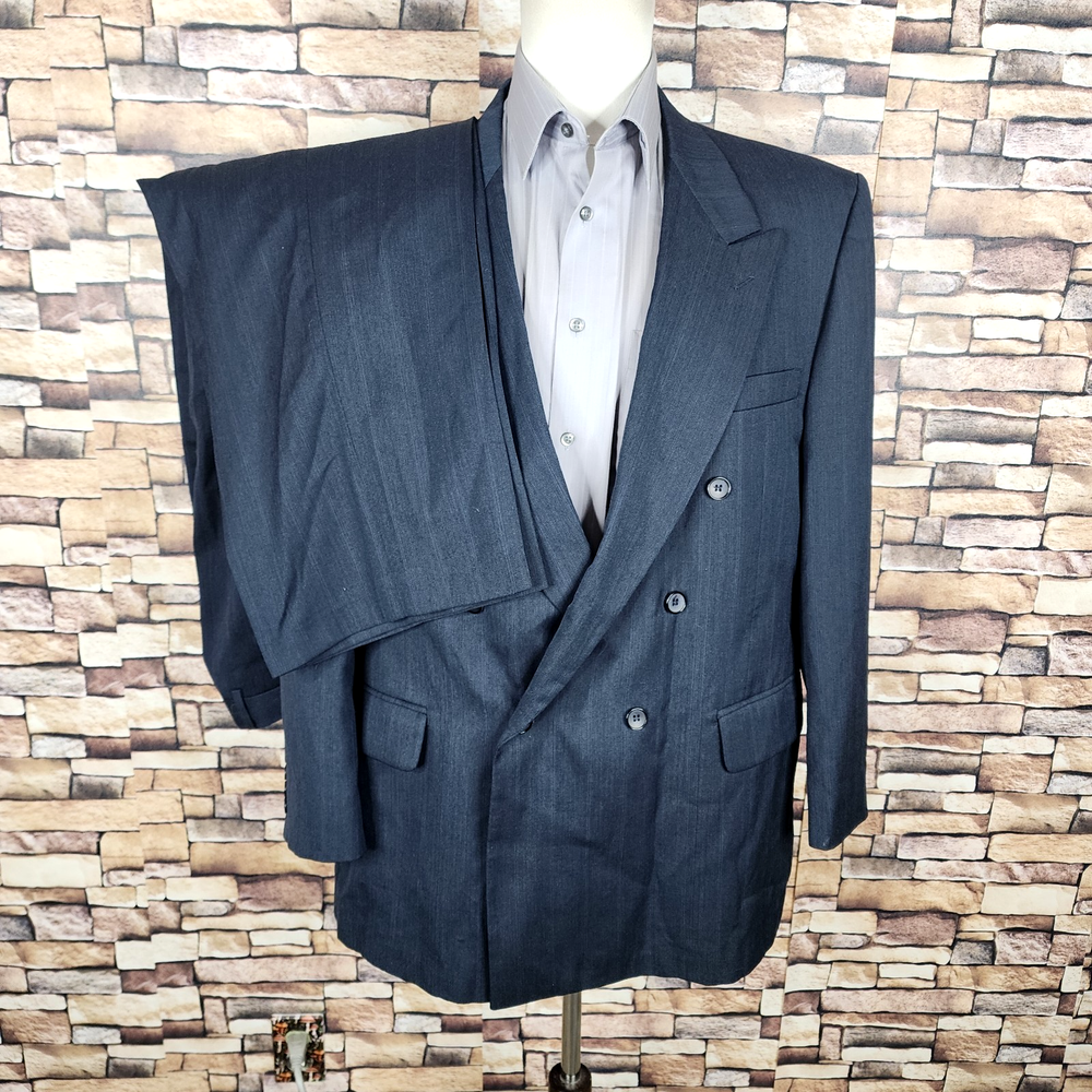 Vintage Stafford 2 Piece Suit Mens 46R 38X29 Double Breasted Gray Stripe