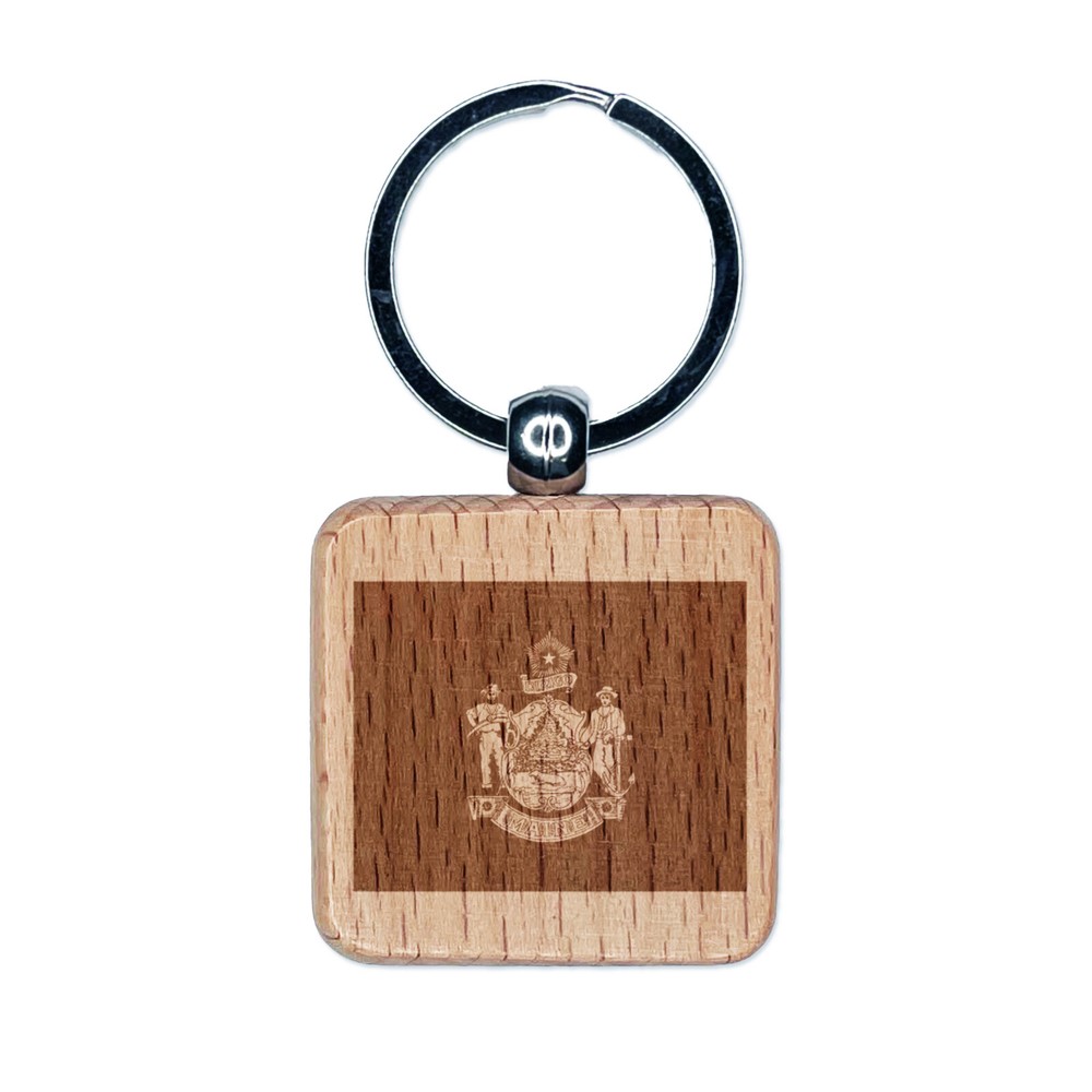 Maine State Flag Engraved Wood Square Keychain Tag Charm