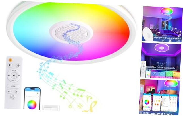 RGB LED Ceiling Light, with Bluetooth Speaker, 24W 11Inch Smart Music Ceiling