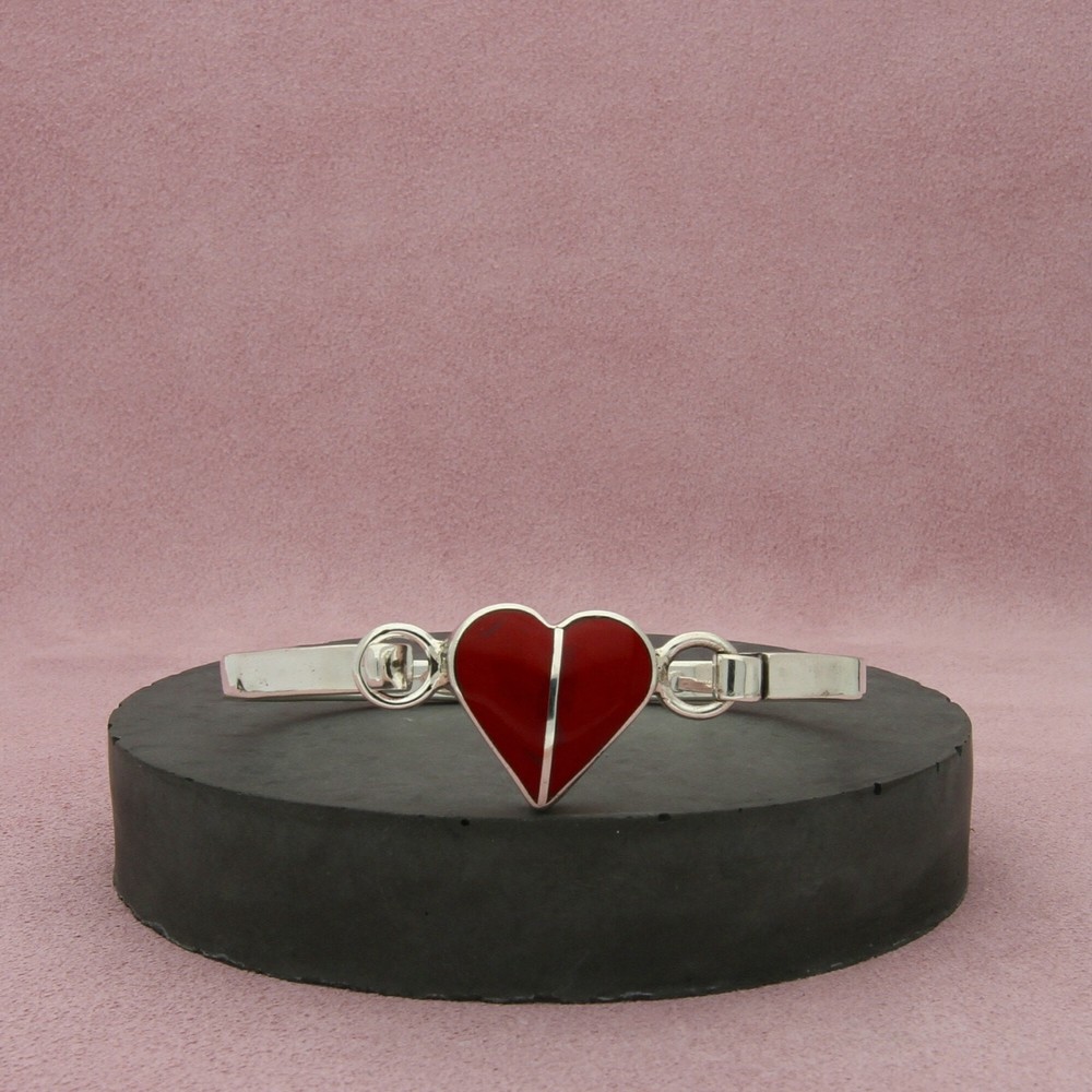 Vintage Taxco Mexico Sterling Silver Red Coral Hook Bangle Bracelet 6.75in