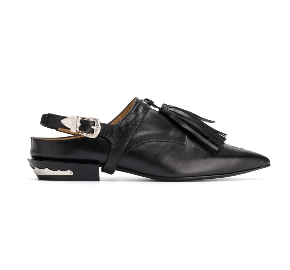 Toga Pulla Black Leather Pointed Toe Mules w/ Tassel Accent sz 37