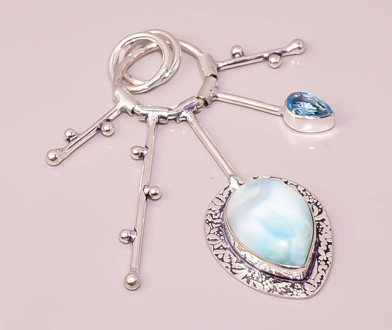 Natural Blue Larimar Blue Topaz Quartz 925 STERLING SILVER PLATED PENDANT