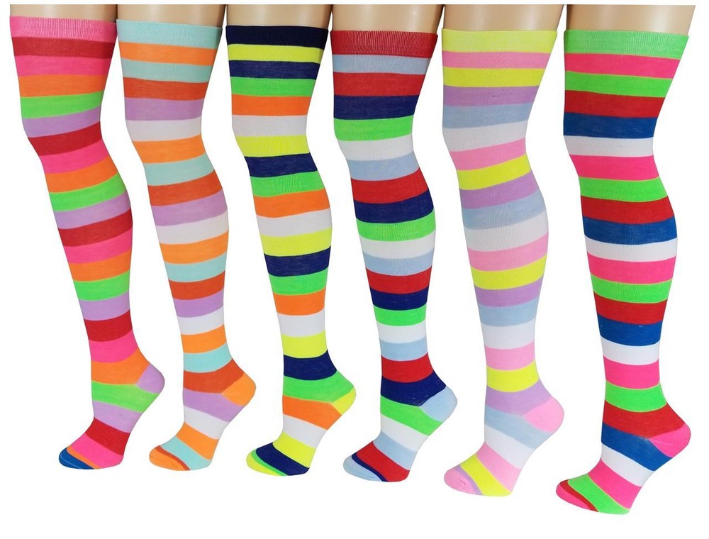 6 Pairs Women Assorted Wide Stripes Colorful Thigh High Over The Knee Socks 9-11