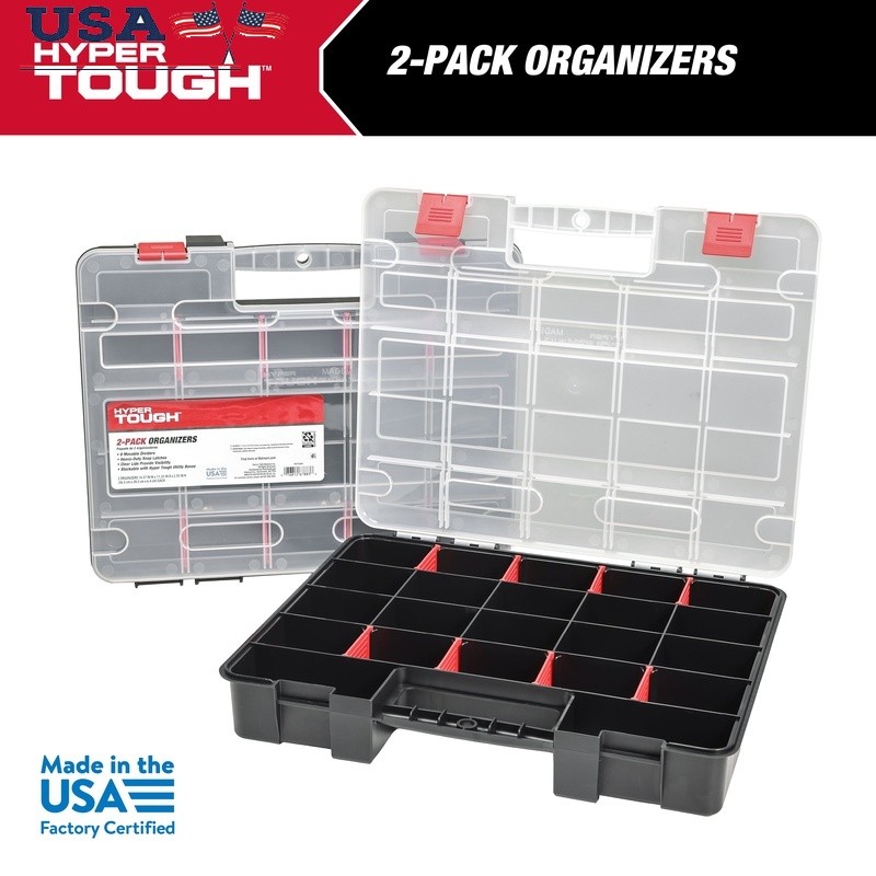 Stackable 2-Pack Plastic Organizer with 17 Compartments & Adjustable Dividers
