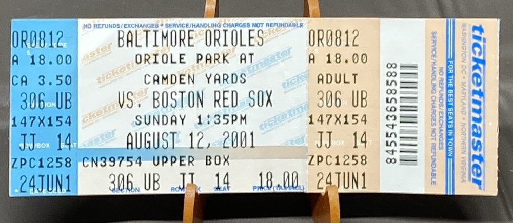 Orioles Vs Red Sox August 12, 2001 Ticket Stub Cal Ripken Jr Double 4 RBIs MLB