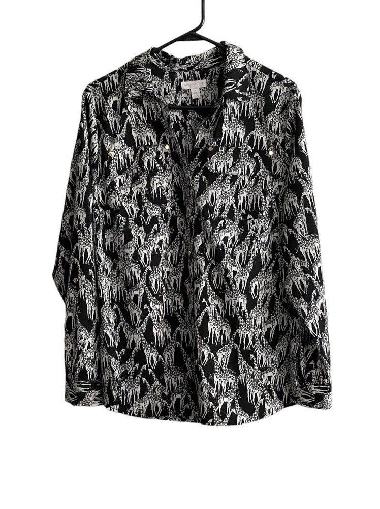 Charter Club Black Giraffe Print Button Up Long Sleeve Blouse Size Medium Safari