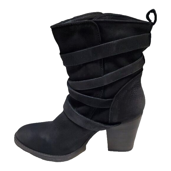 New Steve Madden Yale Black Leather Ankle Boots with Buckle Strap and Block Heel