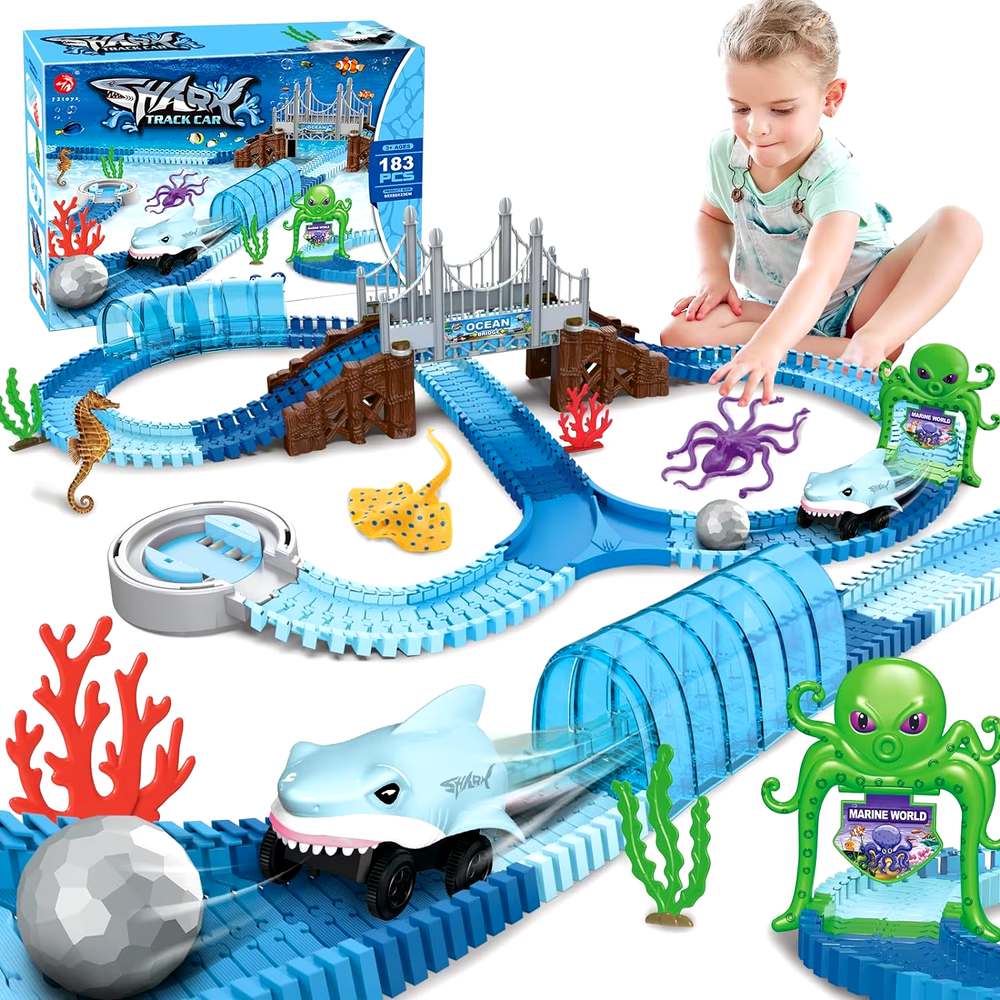 Shark Race Car Track Set for Kids 3+ - Bendable STEM Ocean Toy