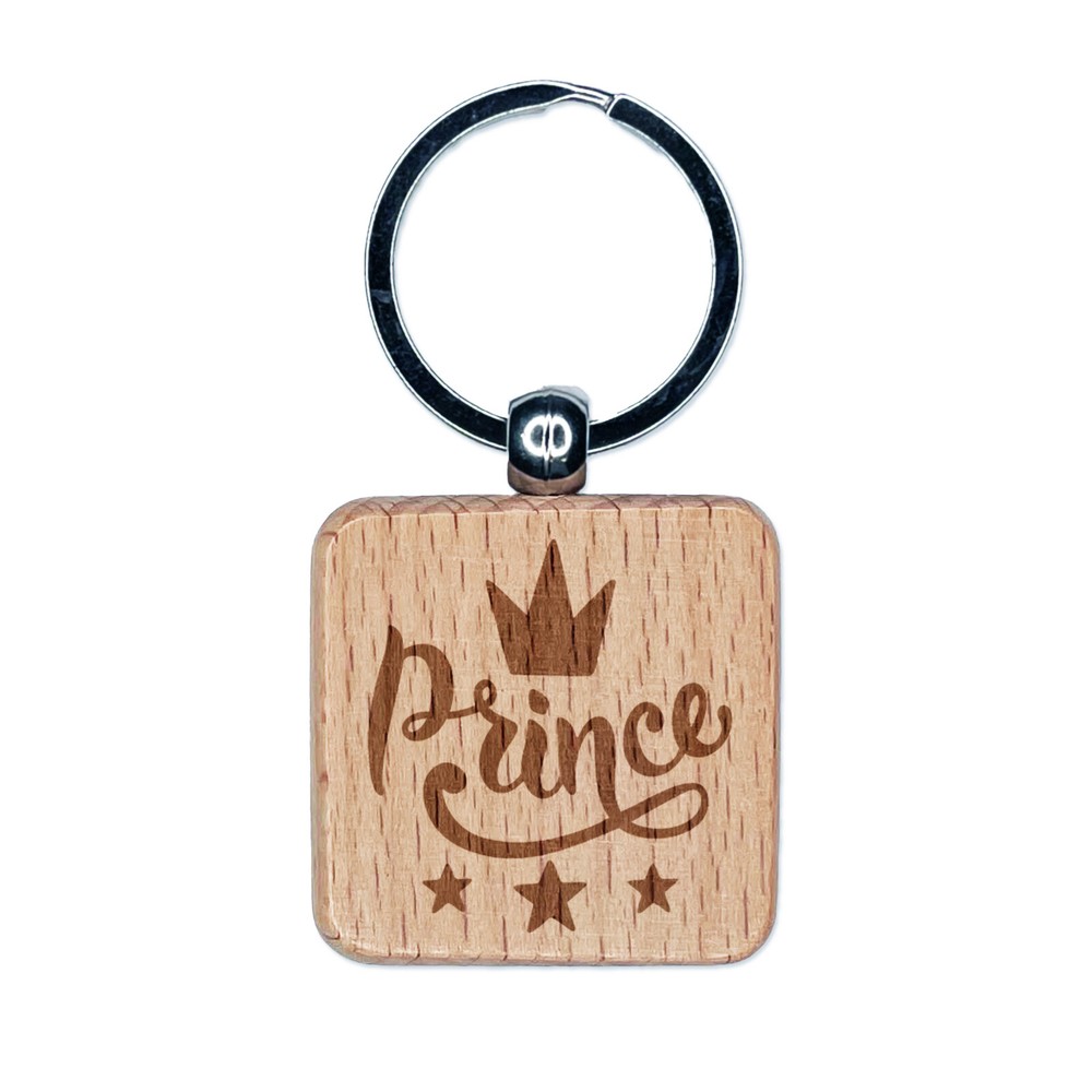 Prince Cursive Wood Keychain with Crown & Stars Engraving