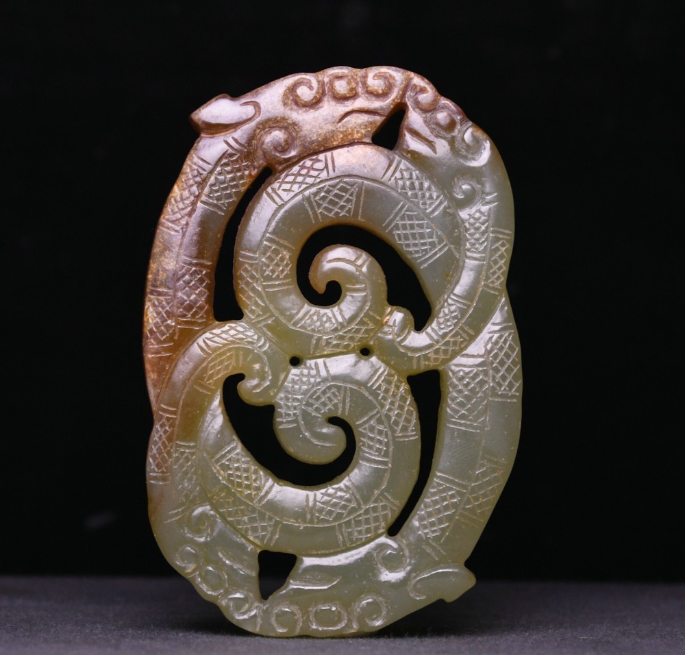 8CM Old Han Dynasty Natural Hetian Jade Carve Double Dragon Beast YuBi Yu Bi