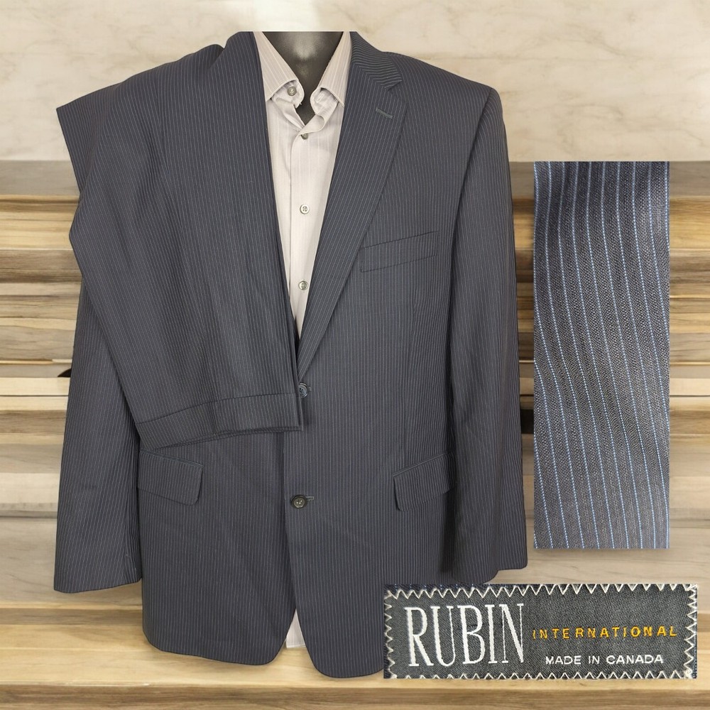 Men's Rubin 2-Piece Wool Suit 42L 36X31 Black Blue Stripe Double Vented