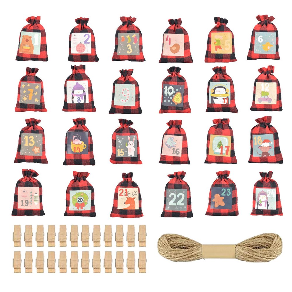 Advent Calendar Hanging 24 Days Christmas Candy Bags Drawstring With 24 Clips