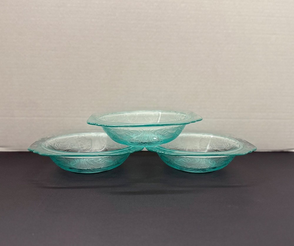3 Recollection Teal Green Soup Cereal Bowls - Vintage Indiana Glass Set