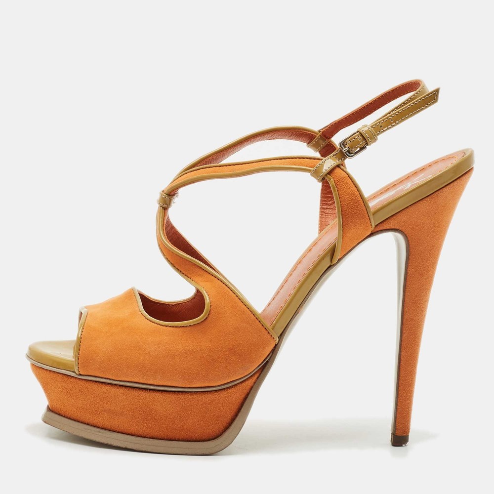 Yves Saint Laurent Orange Green Suede Patent Leather Platform Sandals Size
