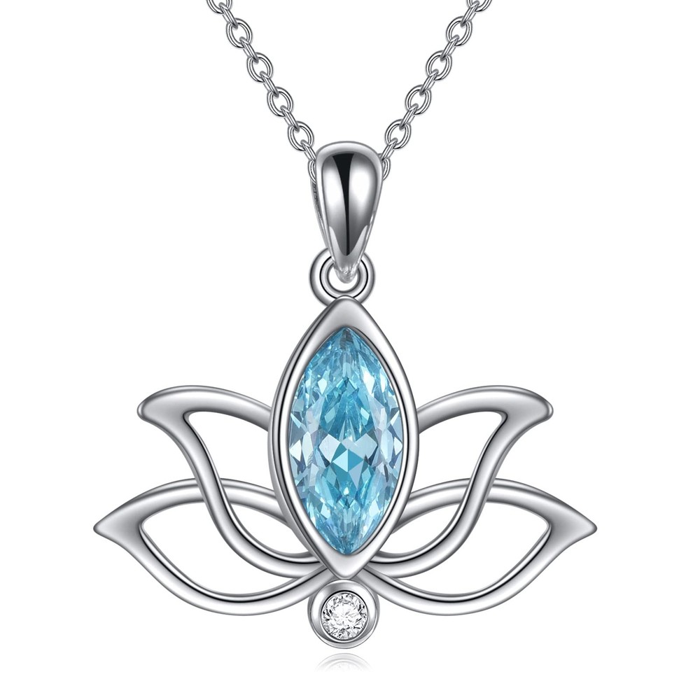 Lotus Necklace Sterling Silver March Birthstone Pendant Created Aquamarine Je...
