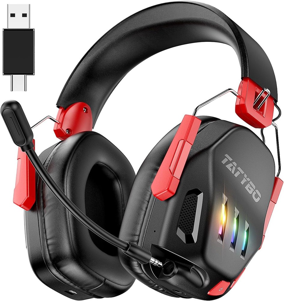 Tatybo WT3 Wireless Gaming Headset with Detachable Mic for PC PS5 PS4 in Black and Red