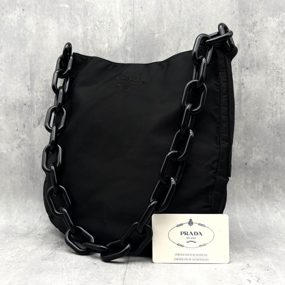 Prada Black Y2K Nylon One Shoulder Bag with Plastic Chain