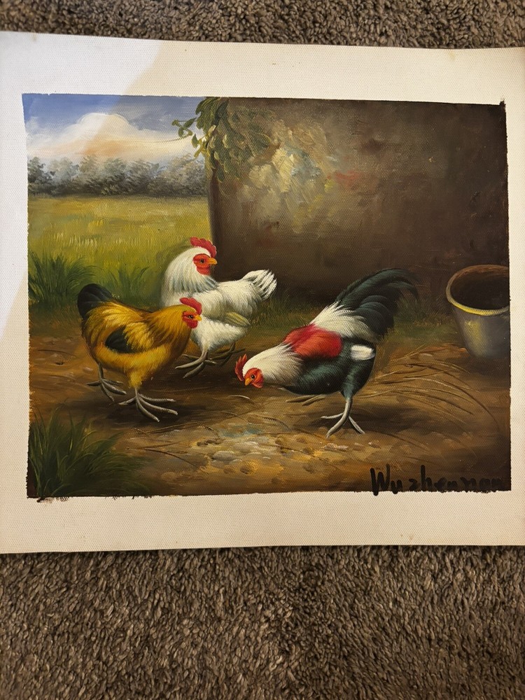 Chickens Bird Real Oil Painting On Canvas Background 9”x11”