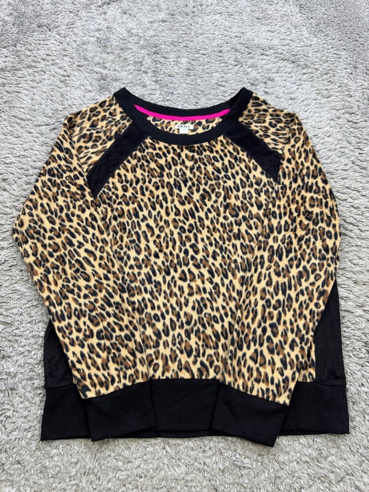 DKNY Sweatshirt Women Large Cheetah Leopard Faux Fur Fleece Crewneck Pullover