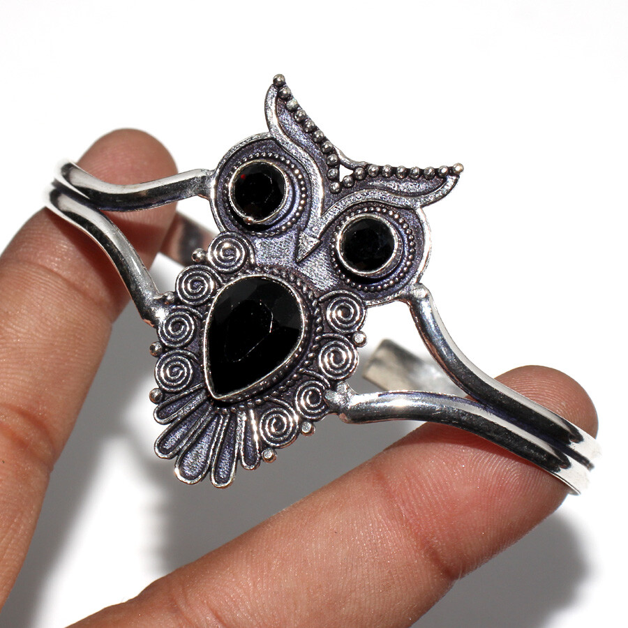 925 Silver Plated Black Onyx Ethnic Owl Bangle Jewelry Size FreeSize JW
