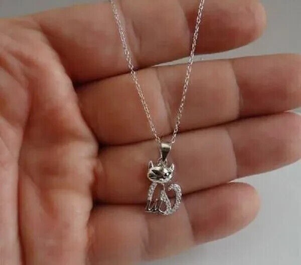 Round Cut Simulated Diamond Stunning Cat Charm Pendant In 14K White Gold Plated