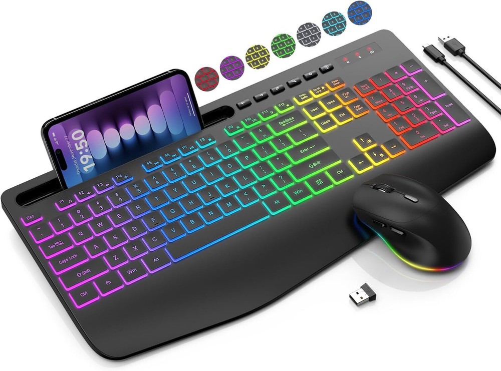 Wireless Keyboard and Mouse Combo with Phone Holder, 9 Backlit Effects, Wrist Rest