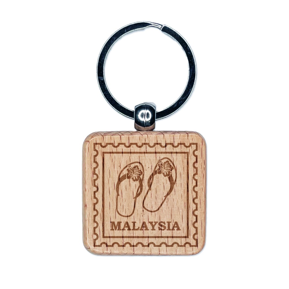 Malaysia Travel Beach Flip Flops Engraved Wood Square Keychain Tag Charm