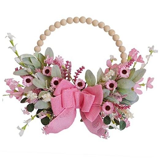 16-Inch Spring Wooden Beaded Wreath with Pink Daisy and Burlap Bow