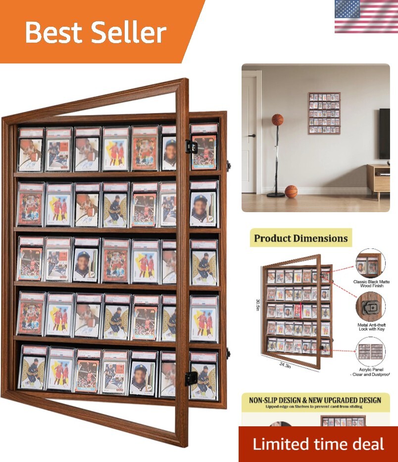 UV-Protected Lockable Wall Mount Display Case for Baseball Basketball Football Hockey Cards  
