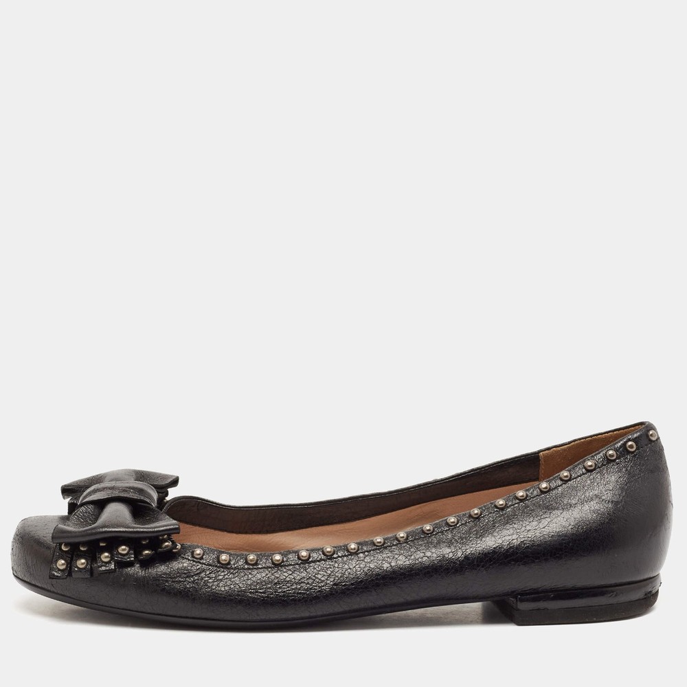 Prada Black Leather Logo Bow Ballet Flats Size 38