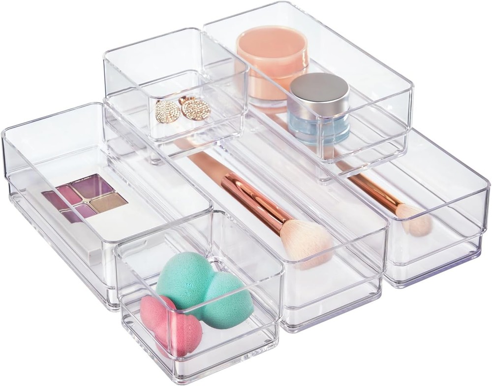 SimpleSort 6pc Clear Multi-Size Drawer Organizer Set Made in USA