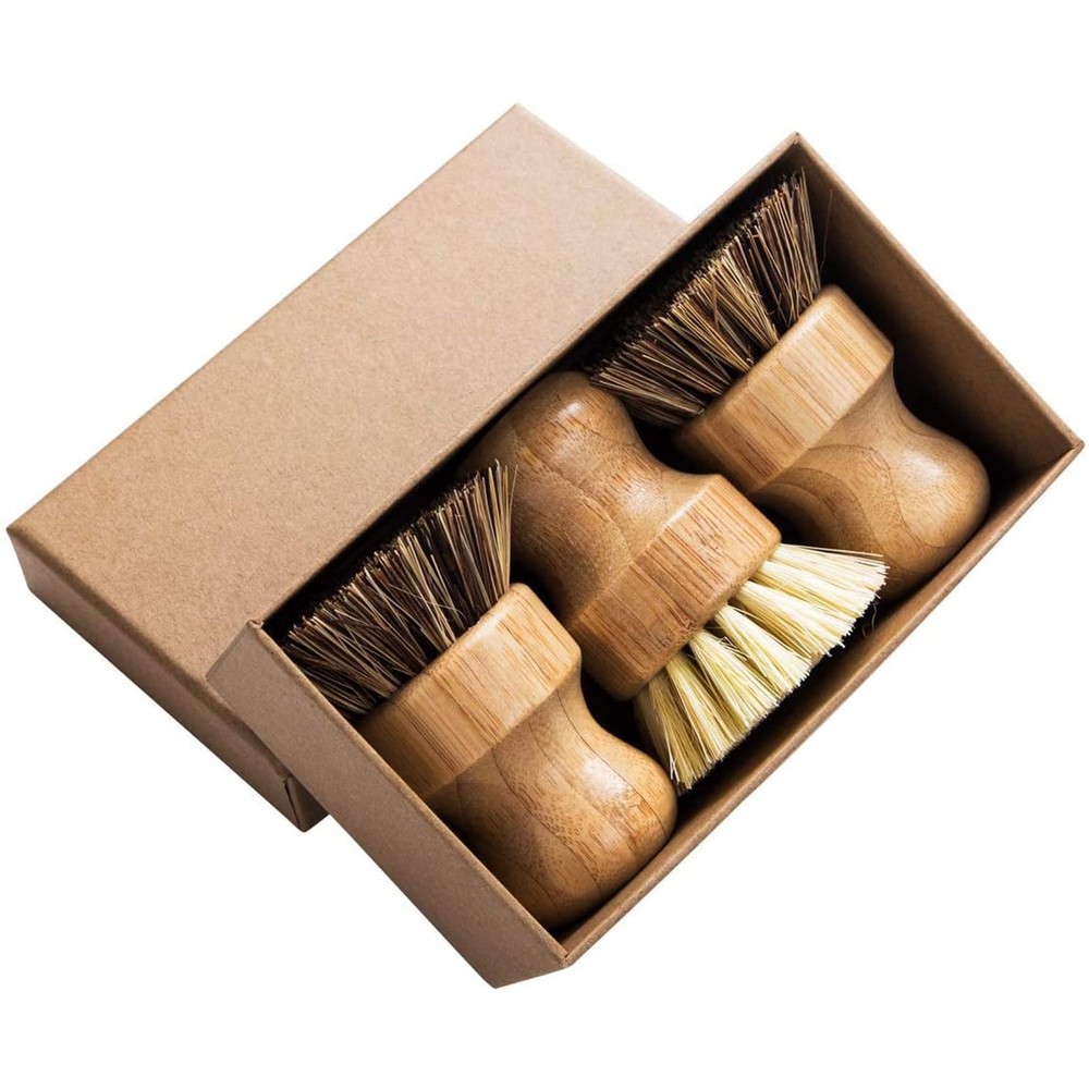 3PCS Bamboo Palm Pot Brush Set Natural Fiber Dish Scrubber