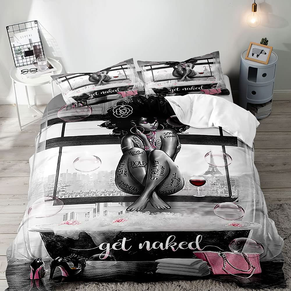 3PCS Sexy Black Girl Duvet Cover Queen Bed Set, Pink Bag High Heels Inspirati...