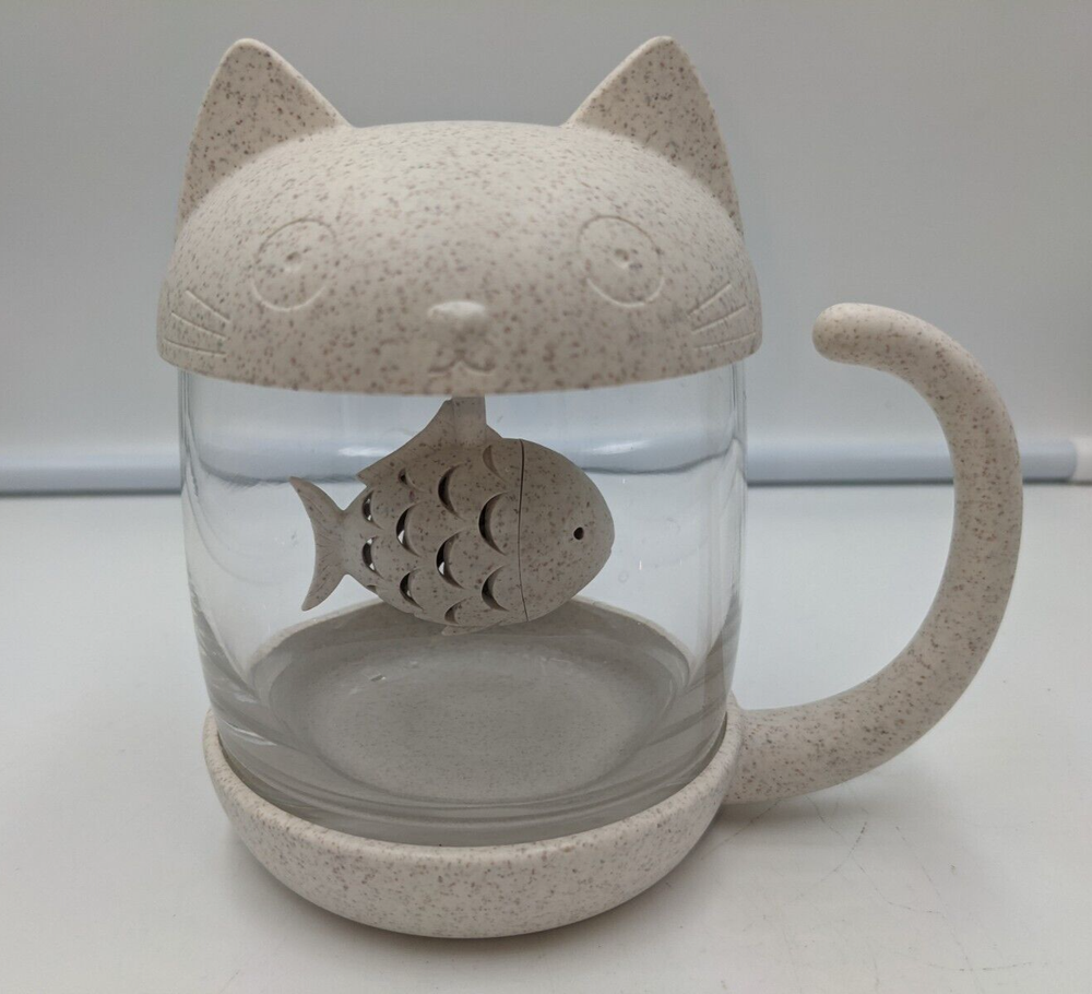 Anya Cat Glass Cup Tea Mug With Plastic Fish Infuser Strainer Filter With Lid
