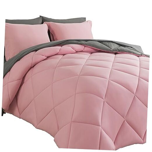 Bed in a Bag Comforter Sets 7pcs All Season Solid Down Full Pink/Grey