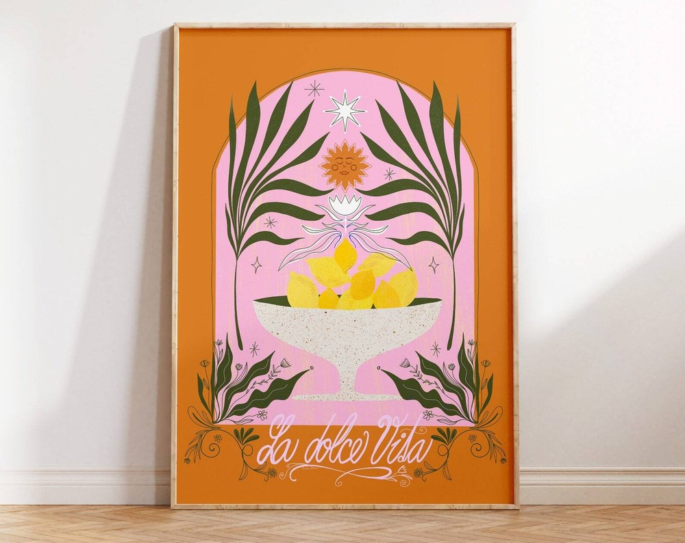 Mediterranean Lemon Bowl Print Pastel Botanical Wall Art Bohemian Floral Decor